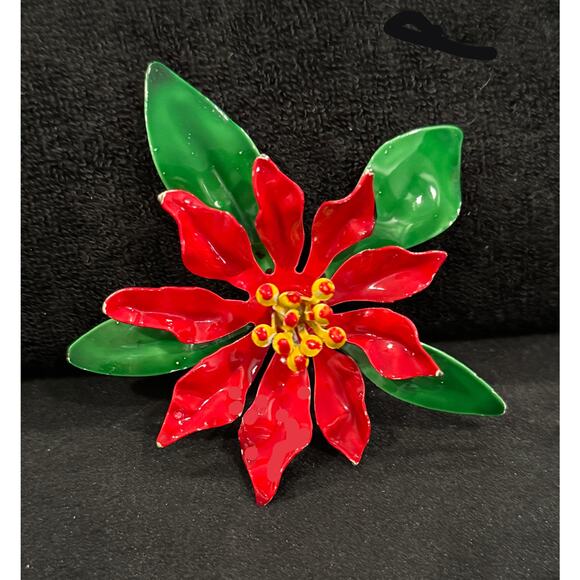 Vintage Red & Green Enamel Poinsettia Christmas Brooch – Holiday Flower Pin CP68 - Picture 2 of 3